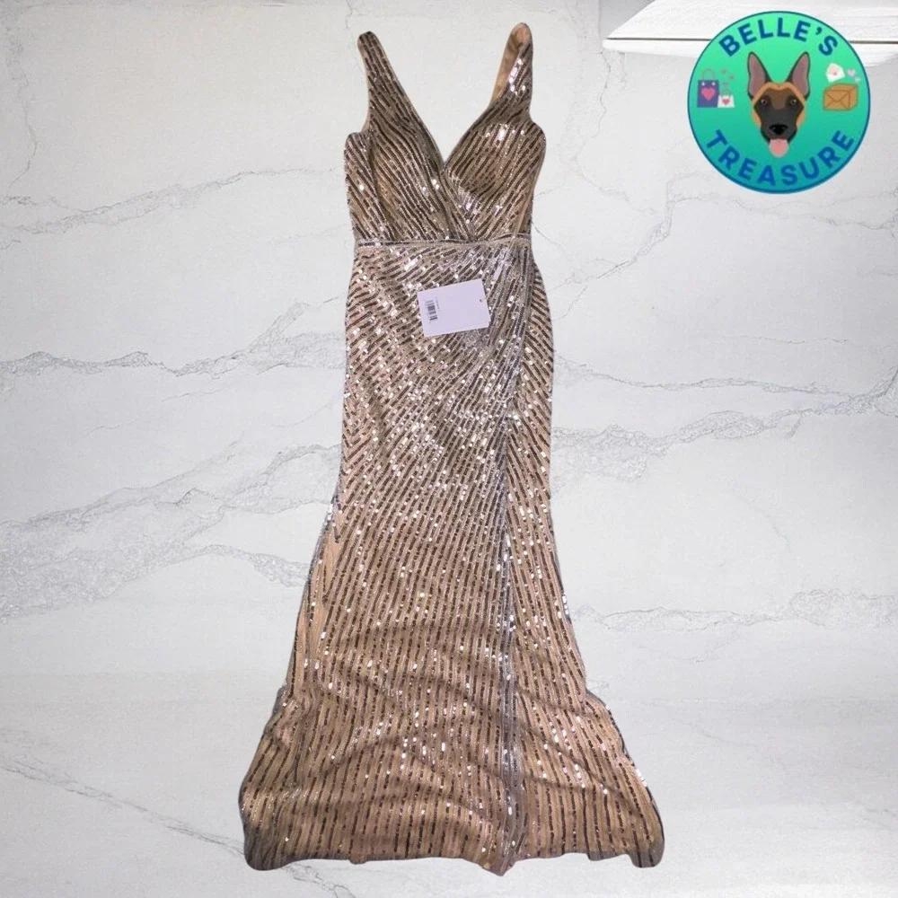 Mac Duggal Gown Womens 2 Gold Sequin Embellished Faux Wrap Surplice Neck‎ Dress